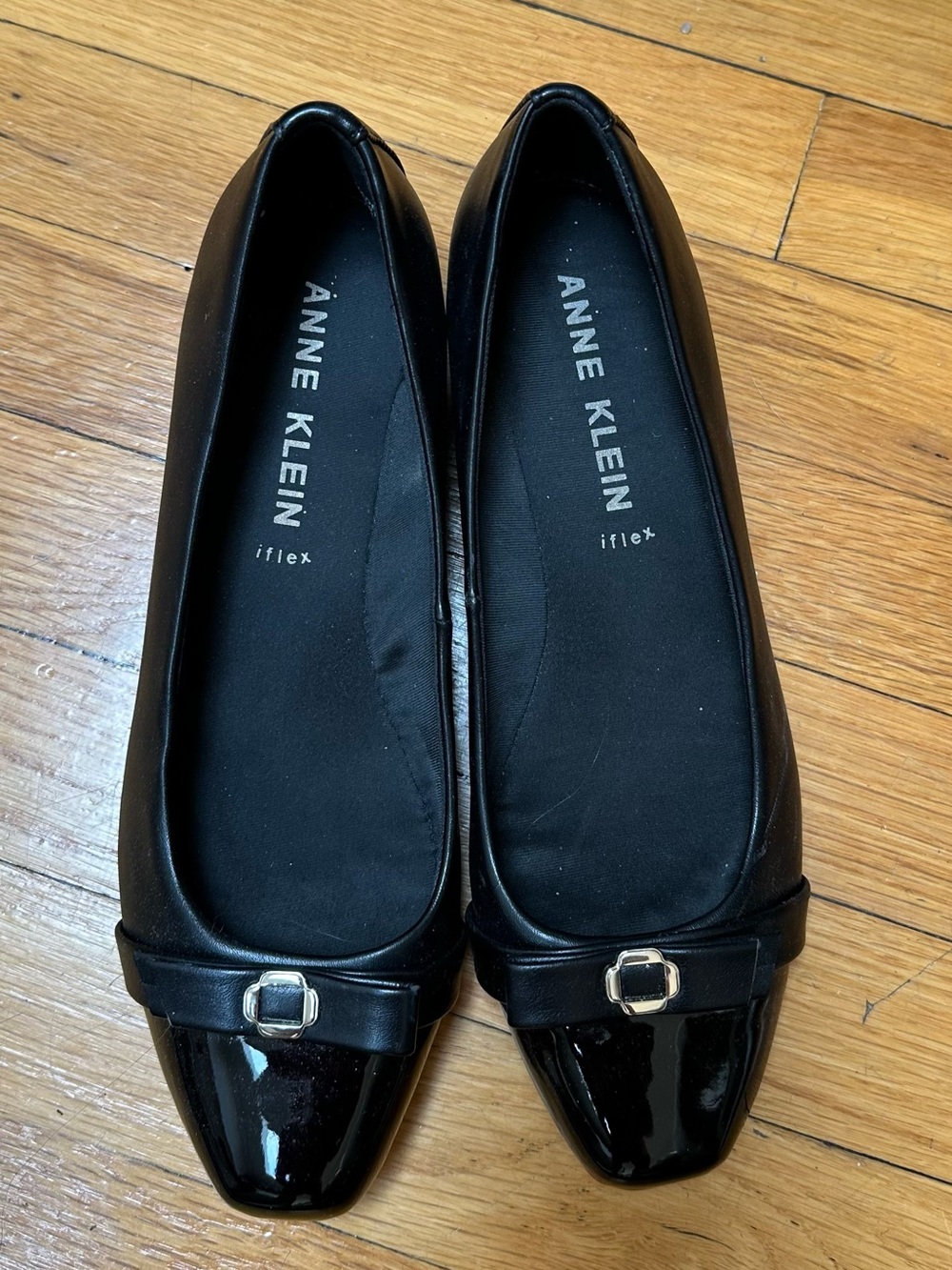 Anne Klein Black Square-Toe Ballet Flats with Buckle Accent